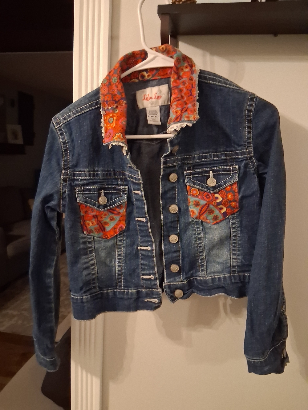 Dark Blue Denim Jean Jacket with Orange Floral Trim - Girls